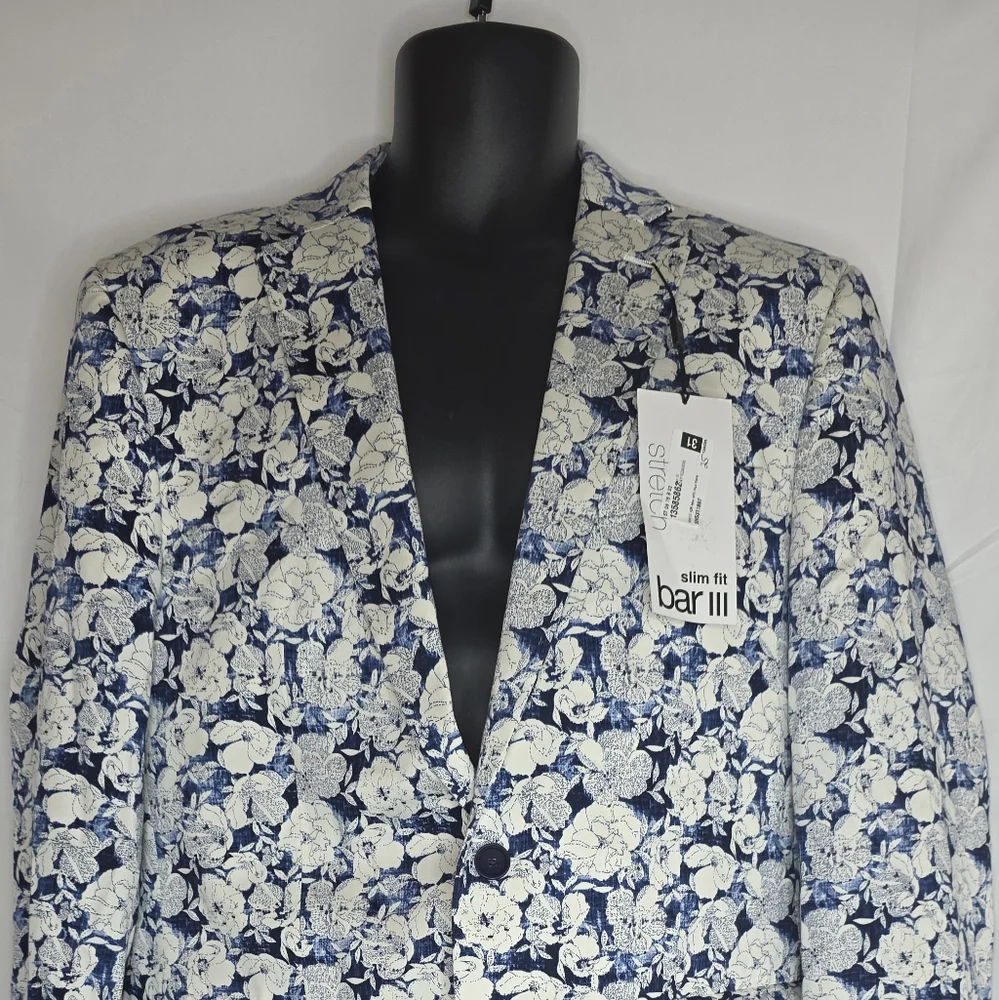 BAR III Mens Navy Single Breasted Floral Blazer Sport Coat Size 42R NWT BZ-3208